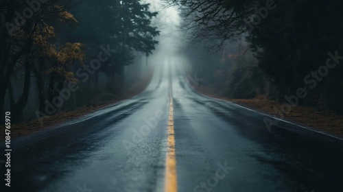 A misty road stretches into the distance, surrounded by trees, creating a serene and mysterious atmosphere.