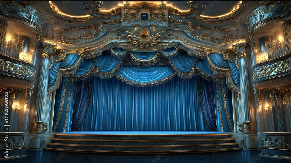 Fototapeta premium Elegant Grand Theater Stage with Rich Blue Draperies and Ornate Gold Detailing Set for Performances and Events in an Opulent Venue