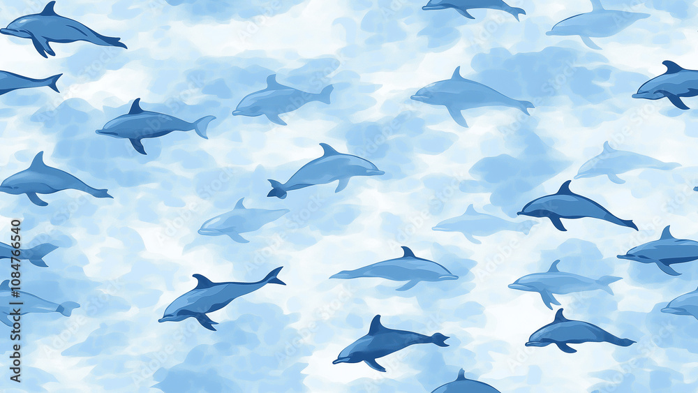 Dolphin Silhouette Pattern on a Pastel Blue Tiled Background Dolphin Silhouette Pattern on a Pastel Blue Tiled Background