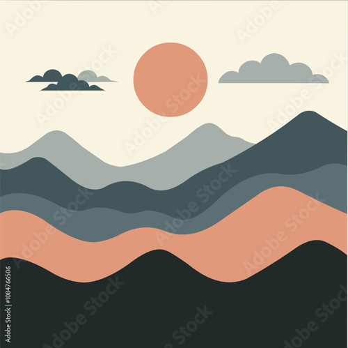 Abstract Landscape, Mountains, Sun, 2D Vector Illustration