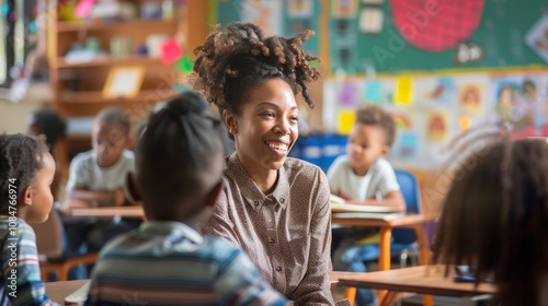 A Black teacher engaging with students in a vibrant classroom, fostering learning and growth