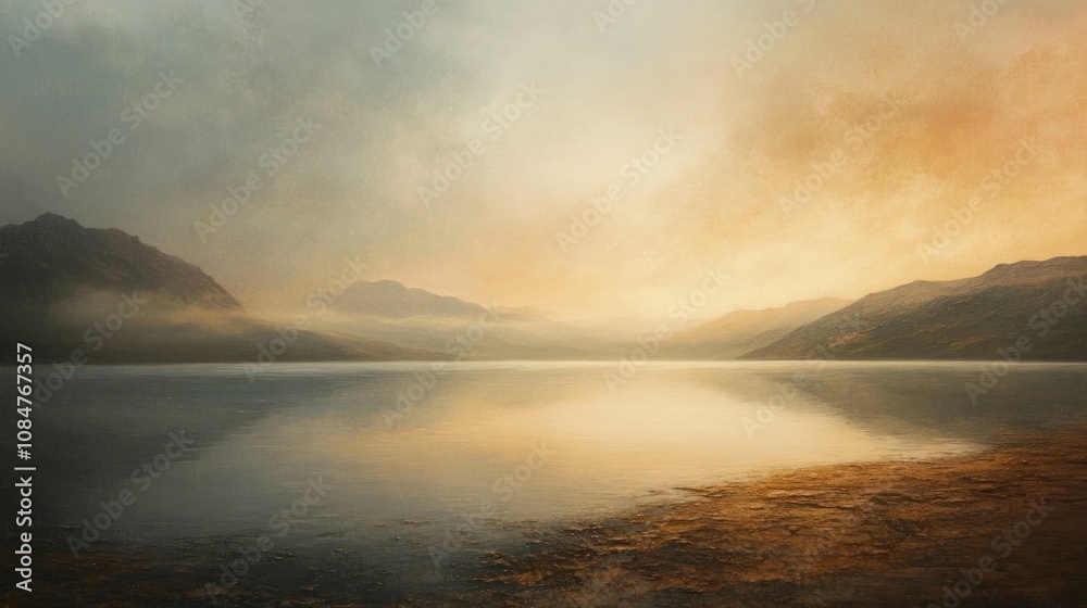 A serene lake with mountains in the background and a golden sky reflecting on the water.