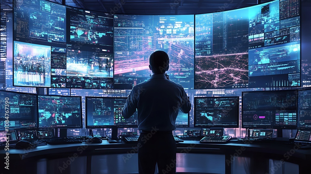 Illustration of a manager overseeing automated workflows on multiple screens in a control room Illustration of a manager overseeing automated workflows on multiple screens in a control room