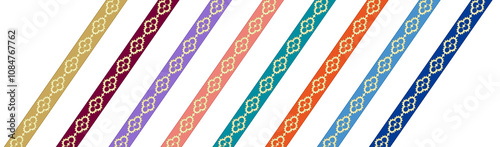 透明な背景。クリスマス、誕生日、バレンタインデーなどお祝いの日に使うカラフルな色に、金色のレース模様のリボン。png