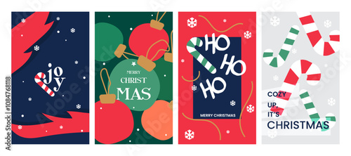 Merry Christmas and Happy New Year greeting card Set.Christmas tree branches, red balls, snowflake pattern.  Modern beautiful Xmas design, Minimal art banner, poster, web cover templates 