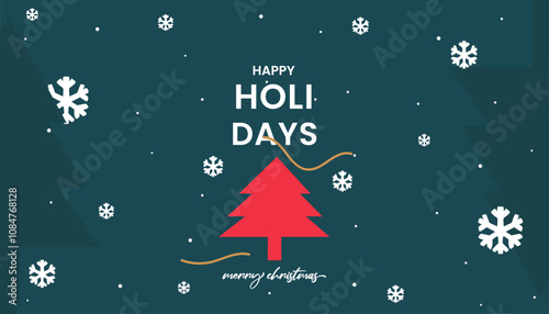 Merry Christmas greeting card, holiday background. Modern beautiful Xmas design with typography, web banner, brush strokes and snowflakes. Minimal art, poster, cover, template in green red blue colors