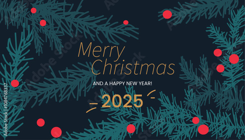 Merry Christmas greeting card, holiday background. Modern beautiful Xmas design with typography, web banner, brush strokes and snowflakes. Minimal art, poster, cover, template in green red blue colors