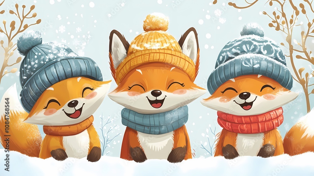 Three cheerful foxes wearing colorful winter hats, smiling in a snowy landscape.