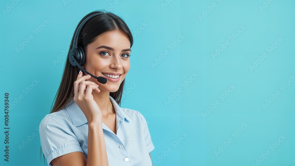 Support staff member answers customer question. Young female operator adjusts microphone on phone headset. Nice and polite woman secretary talking on phone. Portrait, blue background, copy space Support staff member answers customer question. Young female operator adjusts microphone on phone headset. Nice and polite woman secretary talking on phone. Portrait, blue background, copy space