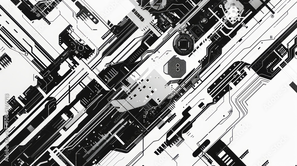 Abstract circuitry in black and white.