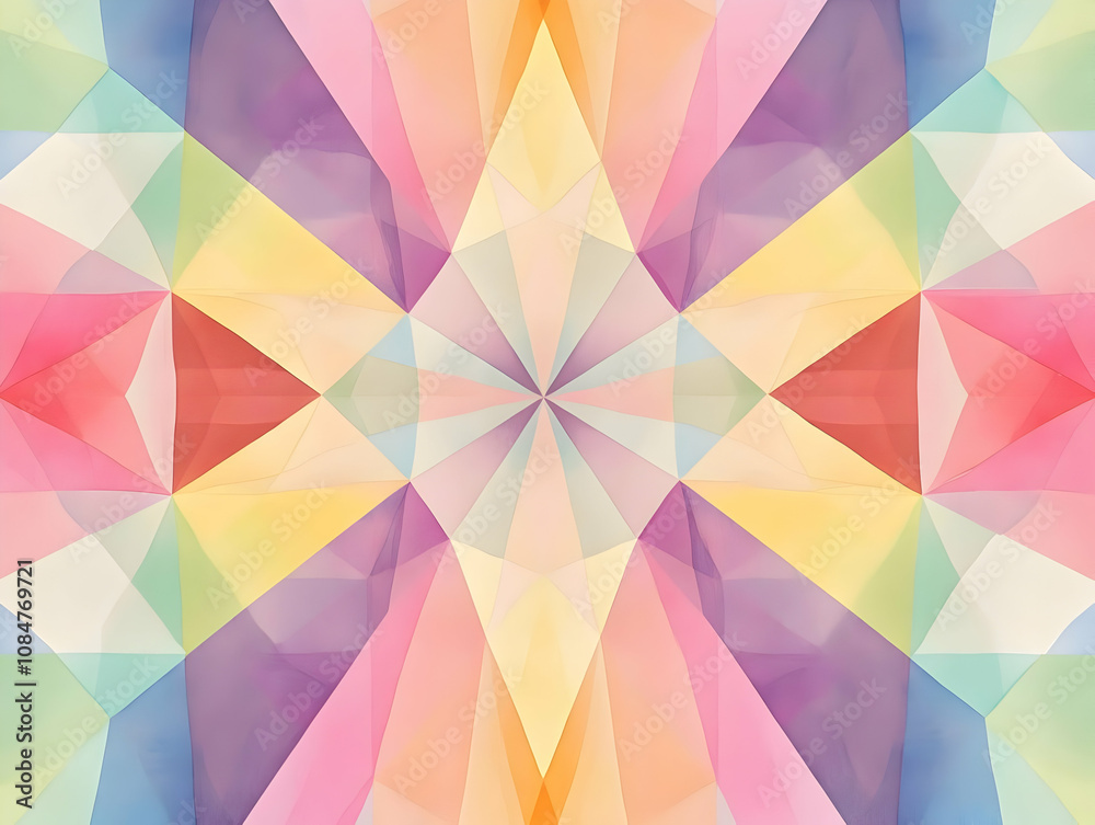 A vibrant geometric pattern featuring pastel colors and symmetrical shapes. A vibrant geometric pattern featuring pastel colors and symmetrical shapes.