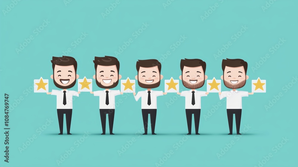 A group of happy cartoon customers holding five star rating signs, with smiling faces and enthusiastic expressions conveying satisfaction and positive product reviews. A group of happy cartoon customers holding five star rating signs, with smiling faces and enthusiastic expressions conveying satisfaction and positive product reviews.
