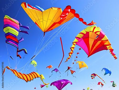 A vibrant display of colorful kites soaring in a clear blue sky, showcasing creativity and joy.