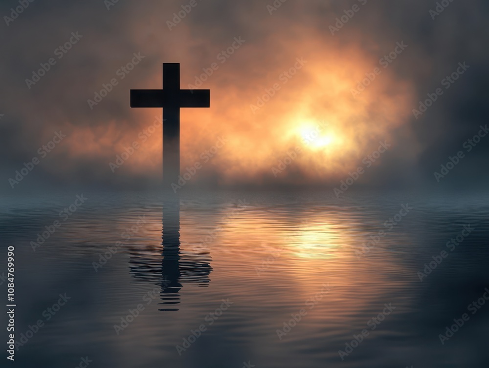 A Serene Reflection of a Cross Symbol is Clearly Seen in the Foggy Waters at Early Dawn, Creating a Mystical Atmosphere A Serene Reflection of a Cross Symbol is Clearly Seen in the Foggy Waters at Early Dawn, Creating a Mystical Atmosphere