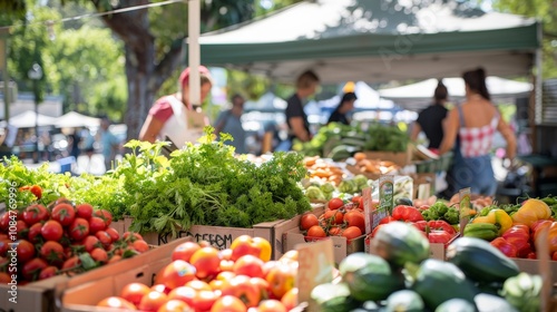 A bustling farmer's market with stalls offering organic produce and eco-friendly products photo