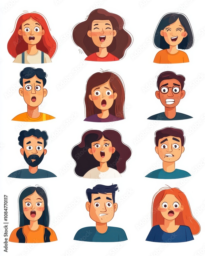 A diverse group of people showing various emotions, ideal for social media or marketing campaigns A diverse group of people showing various emotions, ideal for social media or marketing campaigns