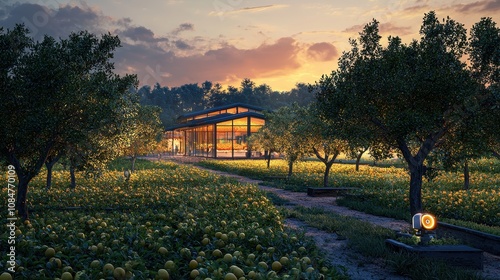 A sprawling AI-driven orchard with glowing fruit trees and robotic pollinators ensuring optimal yield The vibrant and colorful landscape highlights sustainable agricultural practices A harmonious  photo