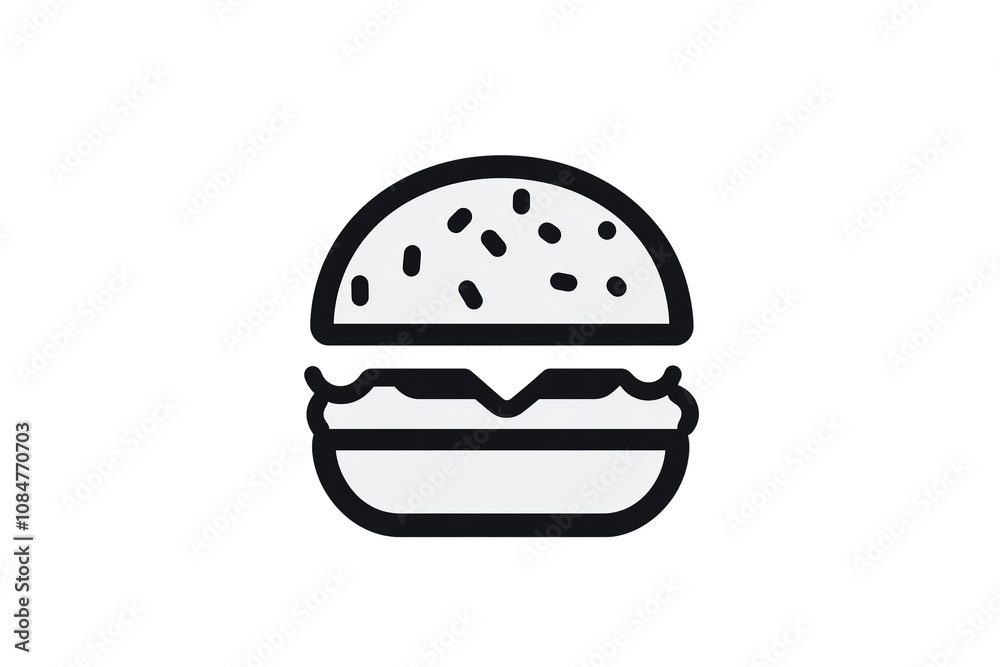 PNG cut out isolated background. A simple, black and white line illustration of a hamburger with a seeded bun and layered fillings. PNG cut out isolated background. A simple, black and white line illustration of a hamburger with a seeded bun and layered fillings.