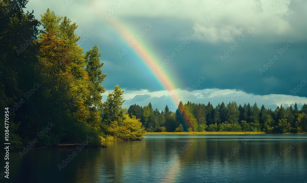 A serene landscape featuring a rainbow over a tranquil lake surrounded by lush greenery. A serene landscape featuring a rainbow over a tranquil lake surrounded by lush greenery.