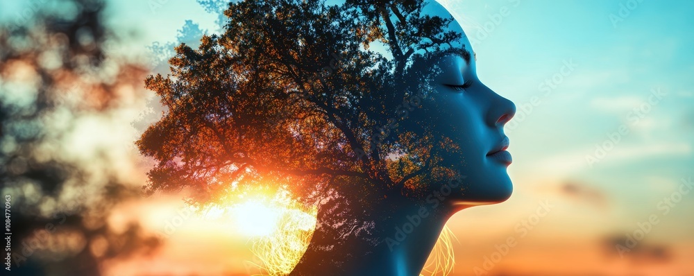 Dreamlike Fusion of Woman and Nature at Sunset. Generative AI image