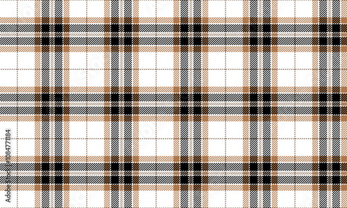 Plaid fabric pattern, white, brown, black, seamless for textiles, and for designing clothes, skirts, pants or decorative fabrics. Vector illustration.