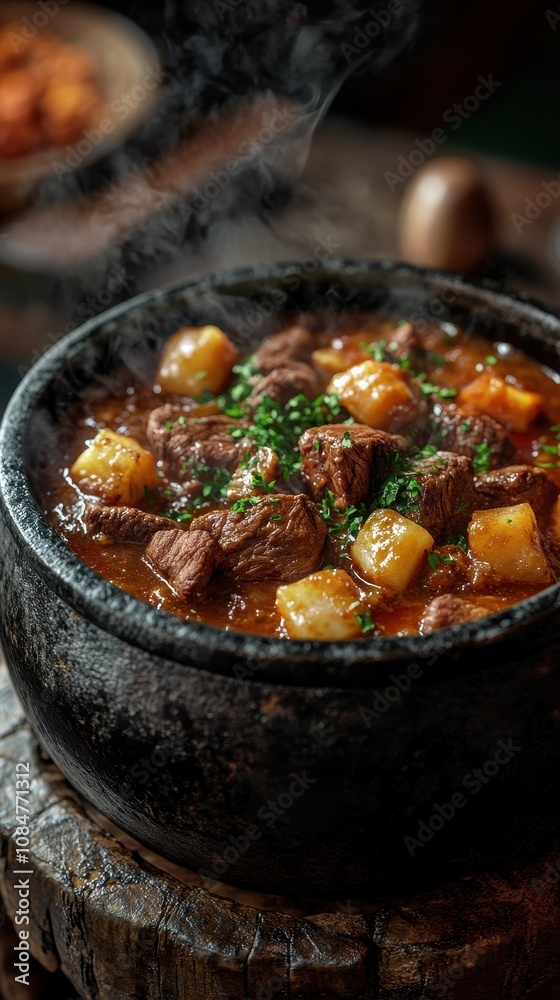 Traditional beef stew served in a rustic black pot. Generative AI image Traditional beef stew served in a rustic black pot. Generative AI image