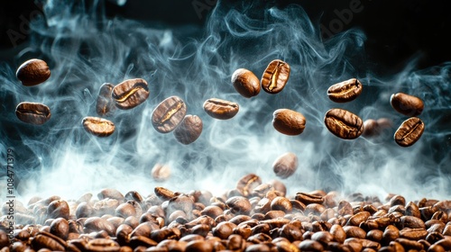 Floating coffee beans in smoke dark background high-quality photography dramatic atmosphere close-up view essence of coffee culture photo