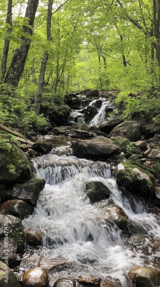 Pure fresh water cascading down rocks in lush green forest Pure fresh water cascading down rocks in lush green forest