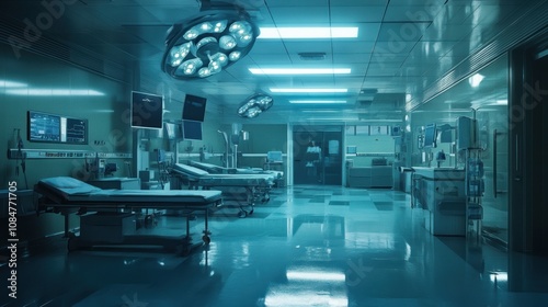 Eerie Empty Hospital Corridor: A Sterile, Blue-Lit Medical Hallway