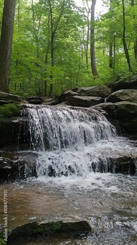 Cascading waterfall flows through lush green forest