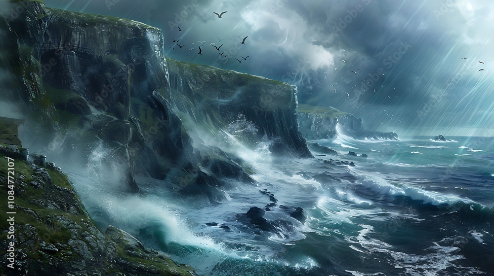 Dramatic digital painting of a coastal storm. High cliffs are battered by powerful waves and heavy rain. Dramatic digital painting of a coastal storm. High cliffs are battered by powerful waves and heavy rain.