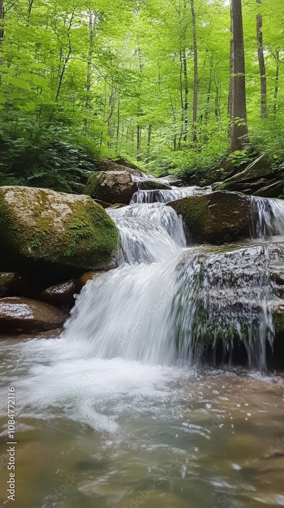 Pure fresh water cascading down mossy rocks in lush green forest Pure fresh water cascading down mossy rocks in lush green forest