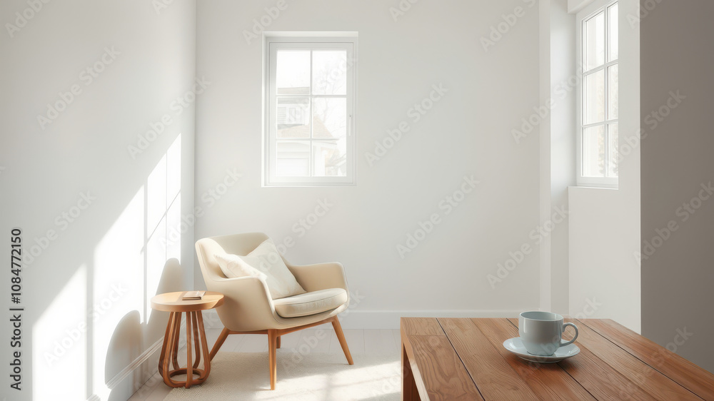 Fototapeta premium bright minimalist room featuring cozy chair and wooden table
