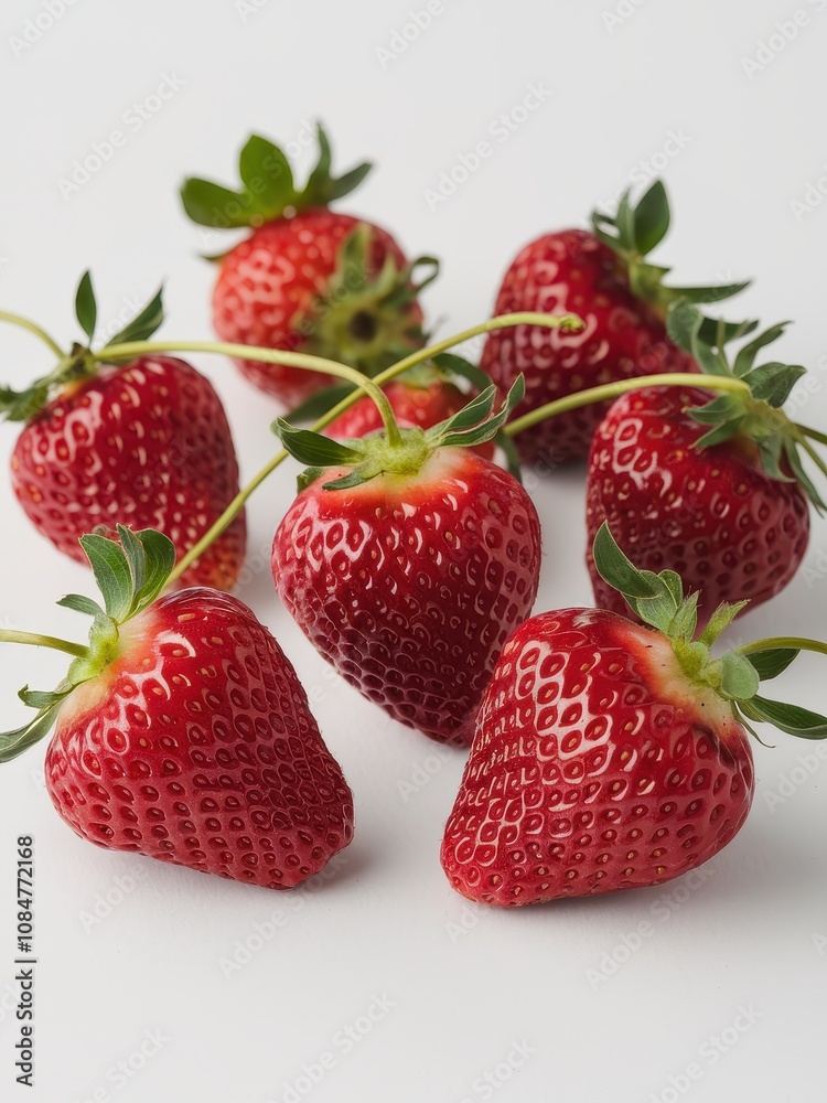 Fresh Juicy Red Strawberries with Green Leaves on a Clean White Background