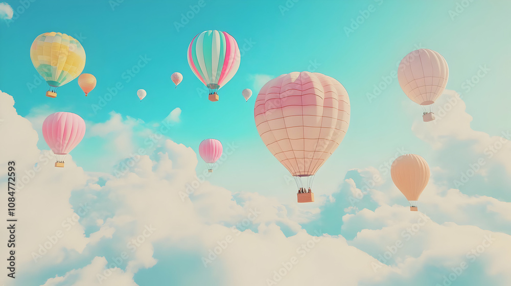 Colorful hot air balloons floating among fluffy clouds in a bright blue sky. Colorful hot air balloons floating among fluffy clouds in a bright blue sky.