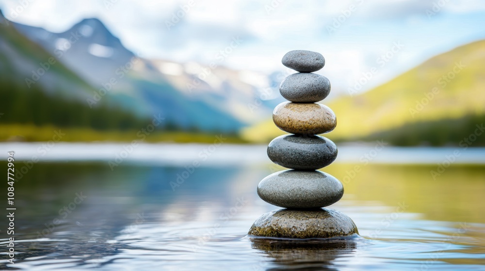 A perfectly balanced stack of smooth, gray stones in shallow, calm water, creating a sense of harmony and tranquility against a backdrop of natural scenery. A perfectly balanced stack of smooth, gray stones in shallow, calm water, creating a sense of harmony and tranquility against a backdrop of natural scenery.