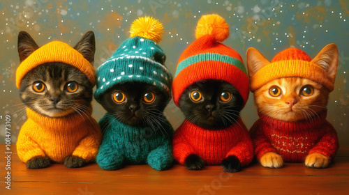Four adorable cats wearing colorful winter knit sweaters and pom-pom beanies sitting in a row against snowy background, creating a festive holiday scene.