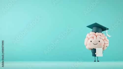 A smiling cartoon brain wearing a graduation cap and holding a diploma, representing academic achievement and intellectual prowess.