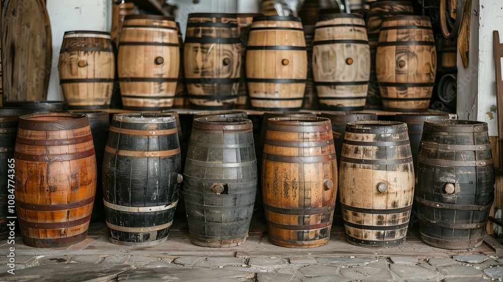 A collection of antique wooden barrels with aged textures, perfect for rustic decor projects A collection of antique wooden barrels with aged textures, perfect for rustic decor projects