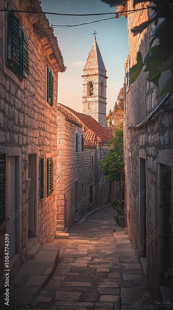 Narrow cobblestone street leading to church tower in picturesque european village at sunset