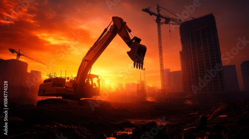 A powerful excavator silhouetted against a dramatic sunset, surrounded by construction cranes and urban development, depicting progress and industry.