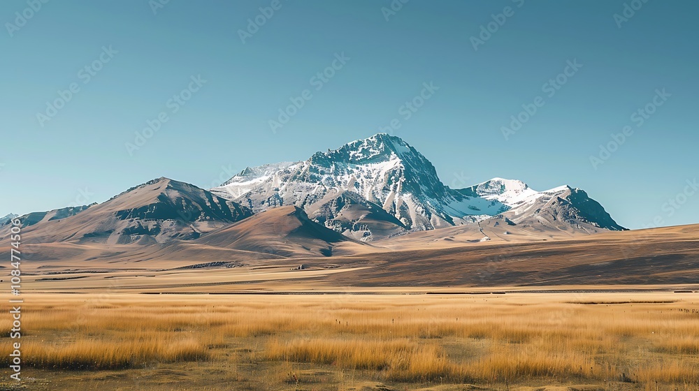 Stunning view of snow-capped mountains and golden plains under a clear blue sky. A breathtaking landscape. Stunning view of snow-capped mountains and golden plains under a clear blue sky. A breathtaking landscape.