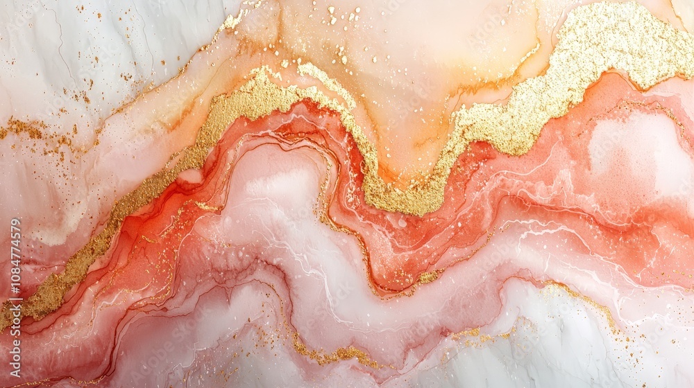 Abstract design featuring flowing waves of pink, white, and gold textures. Abstract design featuring flowing waves of pink, white, and gold textures.