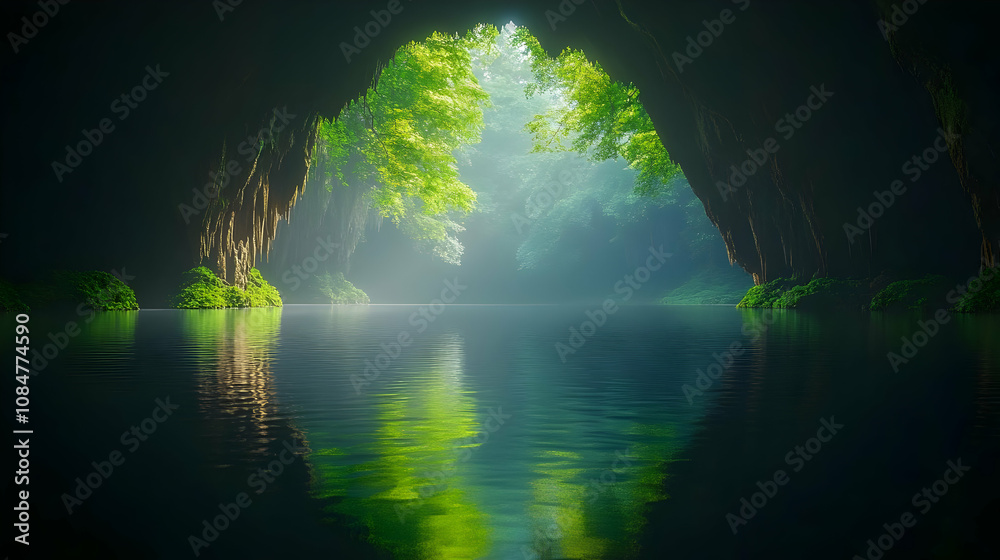 Obraz premium Cave Entrance with a Tranquil Lake - Photo