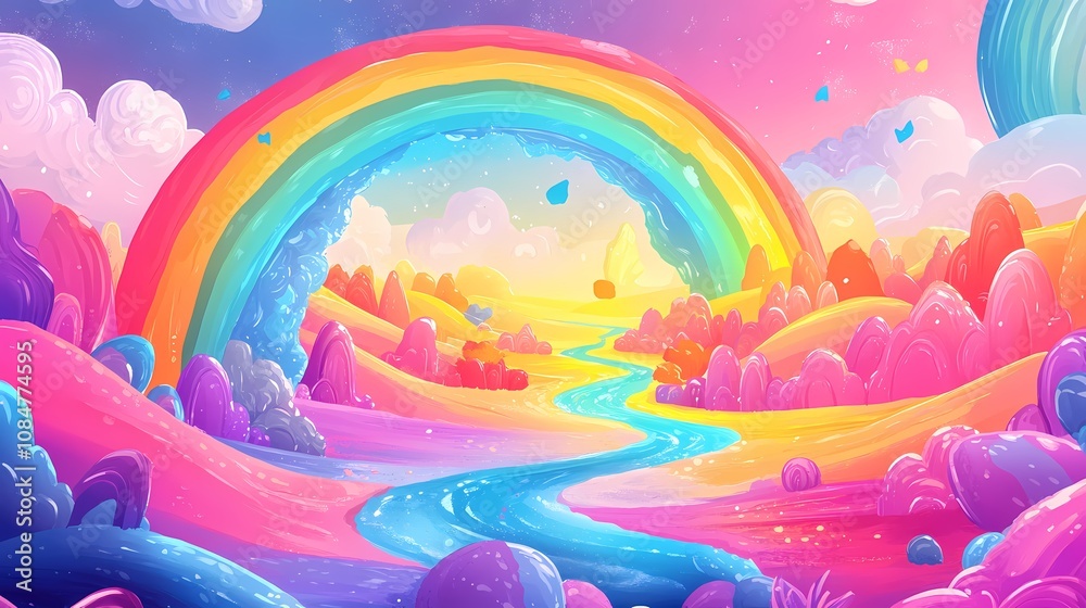 A vibrant, dreamy landscape with a rainbow, colorful hills, and a flowing river. A vibrant, dreamy landscape with a rainbow, colorful hills, and a flowing river.