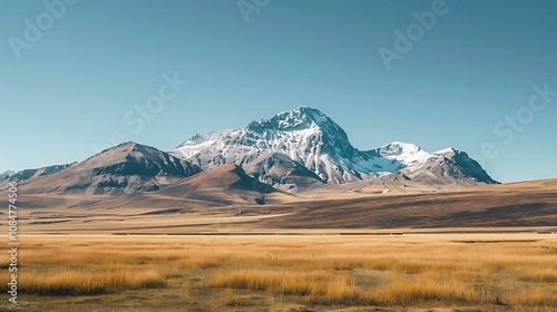 Stunning view of snow-capped mountains and golden plains under a clear blue sky. A breathtaking landscape.