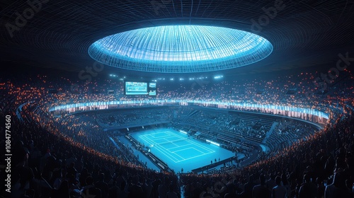 Fototapeta Naklejka Na Ścianę i Meble -  A high-tech sports arena with glowing holographic advertisements and sleek architectural designs. The energy of the crowd and advanced visuals elevate the excitement. A futuristic evolution 