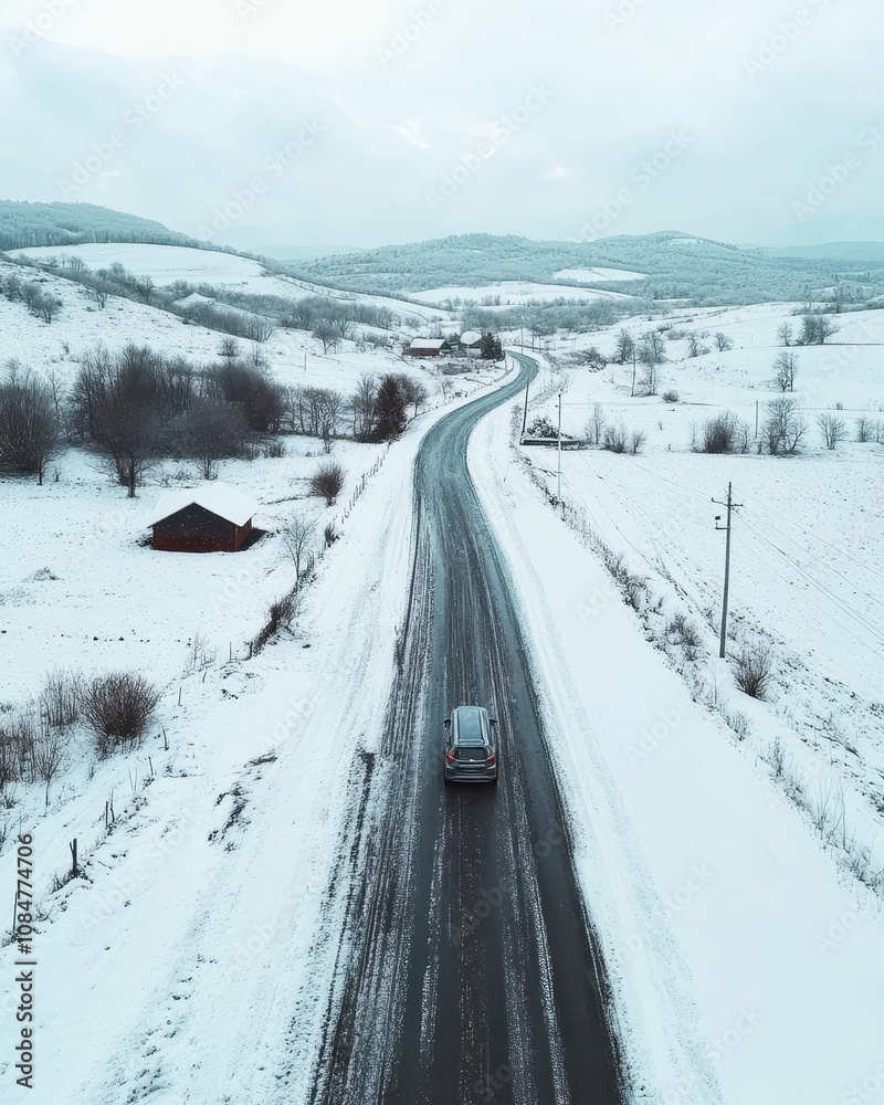 A picturesque country road with a car on a snowy day in winter, close-up. A picturesque country road with a car on a snowy day in winter, close-up.