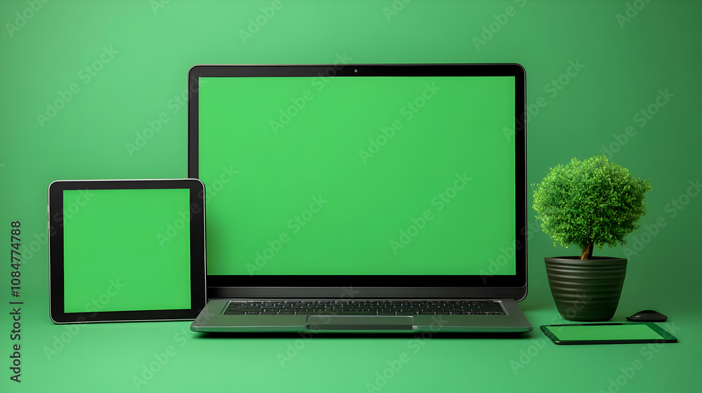 Laptop, Tablet, and Green Plant on Green Background - 3D Illustration Laptop, Tablet, and Green Plant on Green Background - 3D Illustration