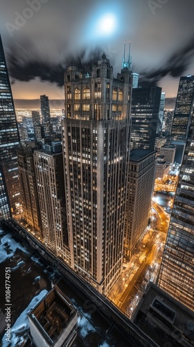 Tribune tower dominating chicago skyline at night under full moon photo